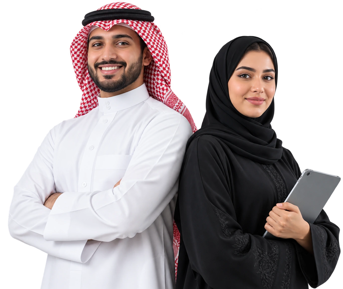 شاب سعودي بالزي الوطني وشابة سعودية تحمل جهازًا لوحيًا